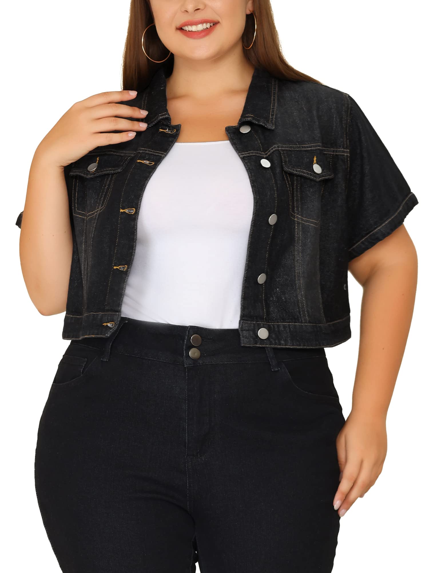 Agnes Orinda Plus Size Denim Jacket for Women Short Sleeves Button Down Cropped 
