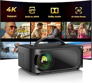 ONOAYO Outdoor-Projector-4K with AI Auto Focus,50WDolby Audio,Built-in Apps | High Brightness, Smart OS 2.0, Movie Projector with WiFi Bluetooth, Portable Proyector for Bedroom/Ceiling/Camping