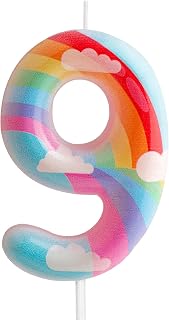 9th Birthday Candles, Number 9, Pink, Rainbow, Cloud and Rainbow Birthday Cake Topper, Adorable Design for Girl and Boy, Birthday Cake Topper
