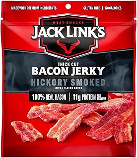 Jack Link's Hickory Smoked Bacon Jerky - 2.5 oz | Bag - Ready to Eat Real Meat Protein Snacks - 11g Protein per Serving - Made with 100% Thick Cut Real Bacon