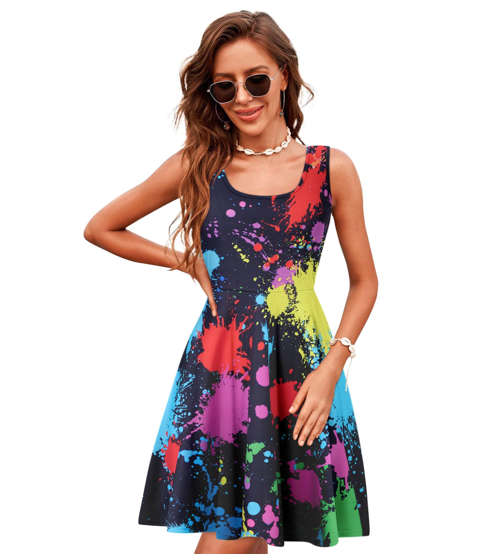 uideazone Women Funny Print Sleeveless U Neck A Line Casual Midi Dress
