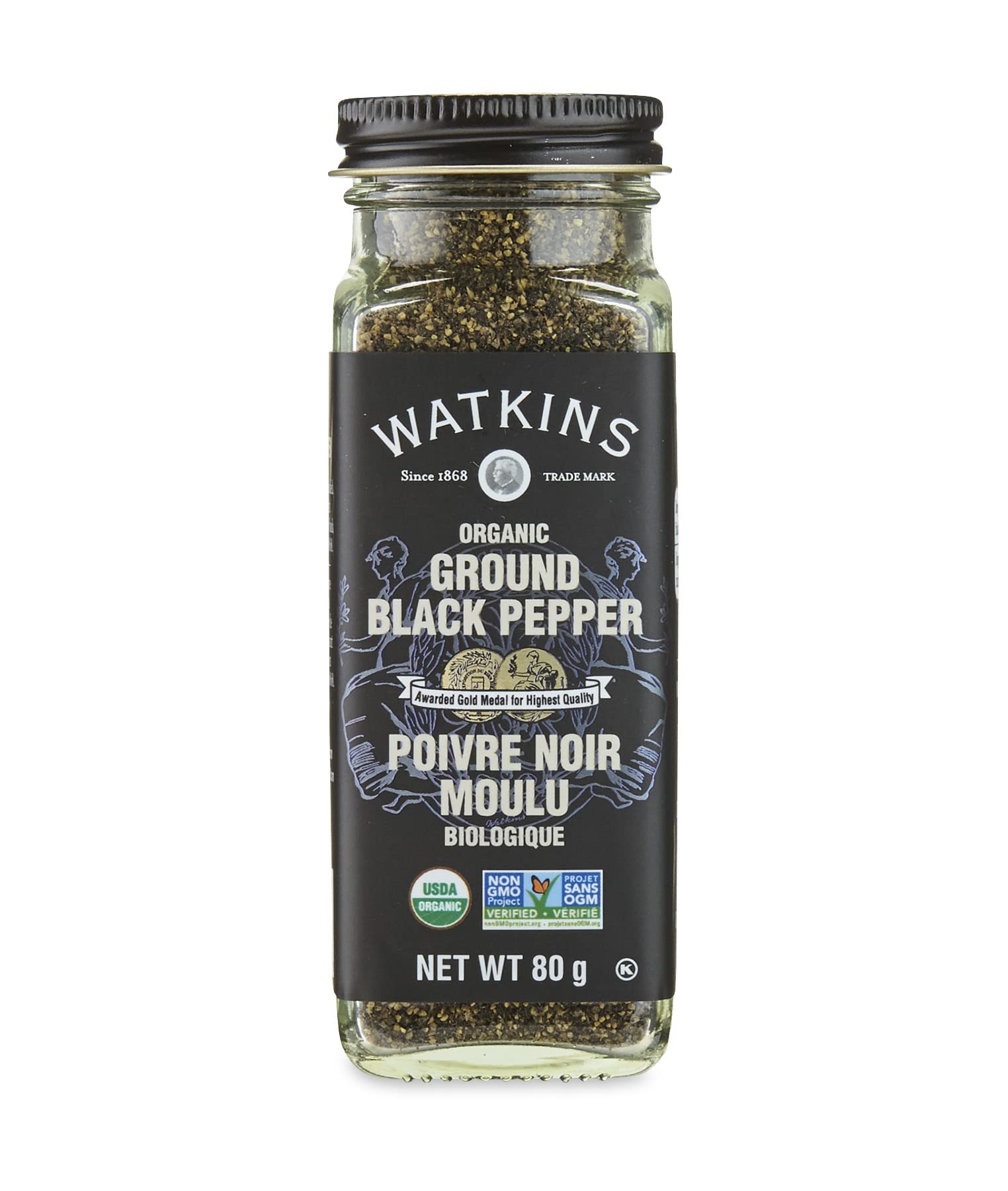 Watkins Gourmet Organic Spice Jar, Ground Black Pepper, Non-GMO, Kosher, 80 g