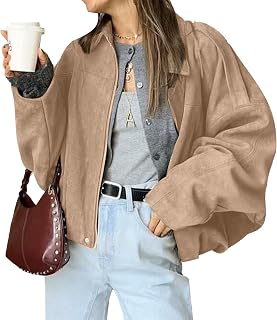 WOWULOVELY Women's Faux Suede Bomber Jacket Lapel Pilot Motorcycle Coat Spring Long Sleeves Trendy Streetwear Outerwear