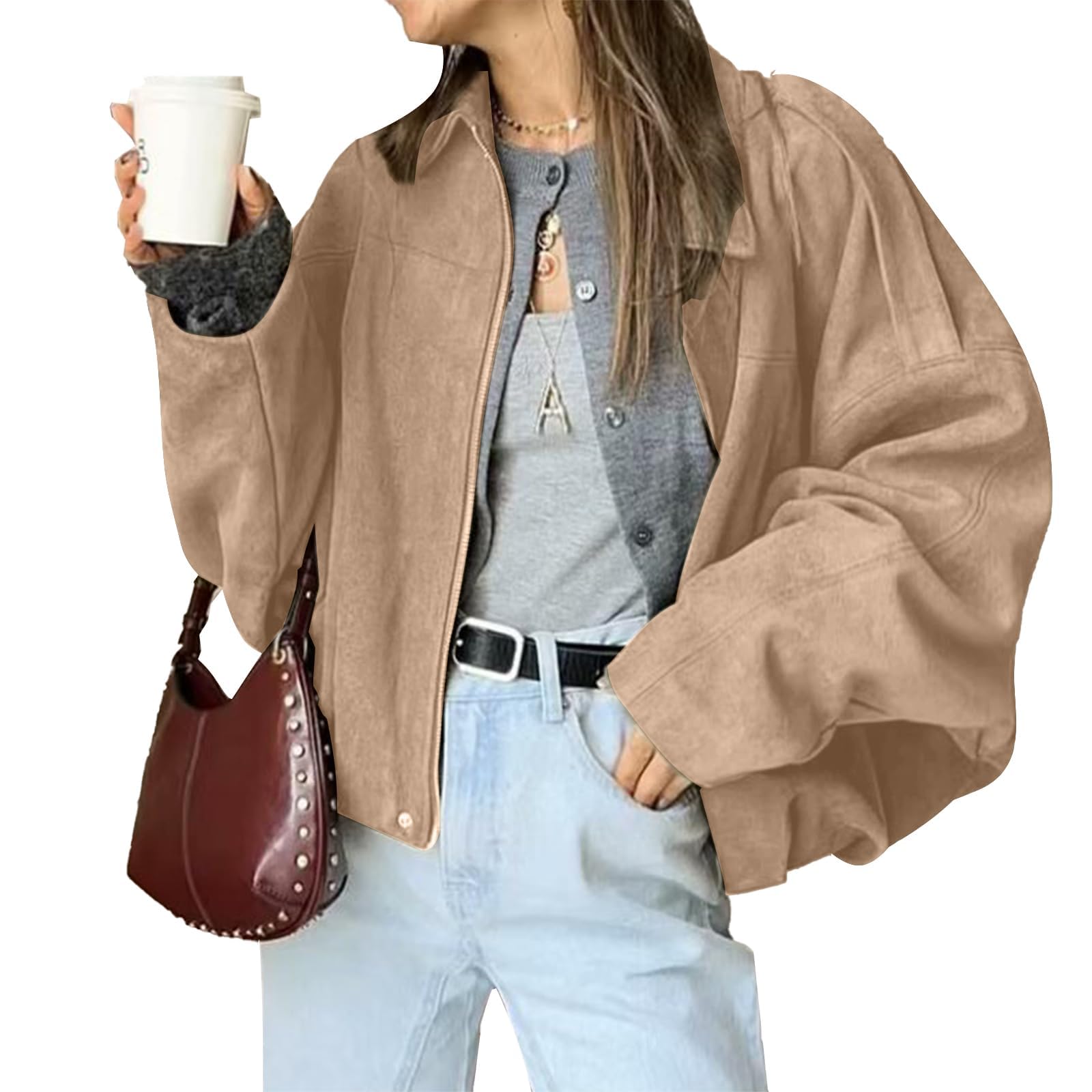 WOWULOVELY Women's Faux Suede Bomber Jacket Lapel Pilot Motorcycle Coat Spring L