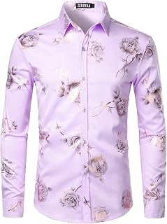 ZEROYAA Mens Luxury Rose Floral Printed Dress Shirts