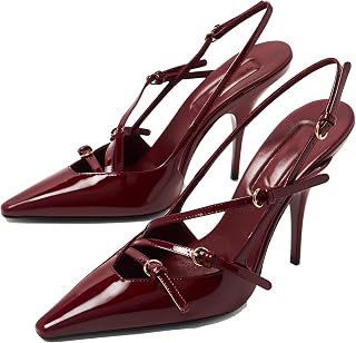 YIYA Cherry Red Slingback Kitten Heel for Women with Buckle Strap Closed Pointed Toe Burgundy Stiletto High Heels Backless Slip On Pumps Sandals