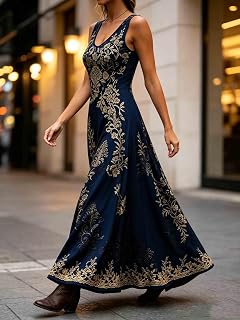 Women's Dresses, Floral Print Maxi Dress, Sleeveless V Neck Flowy Sundress for Vacation Summer Daily Wear