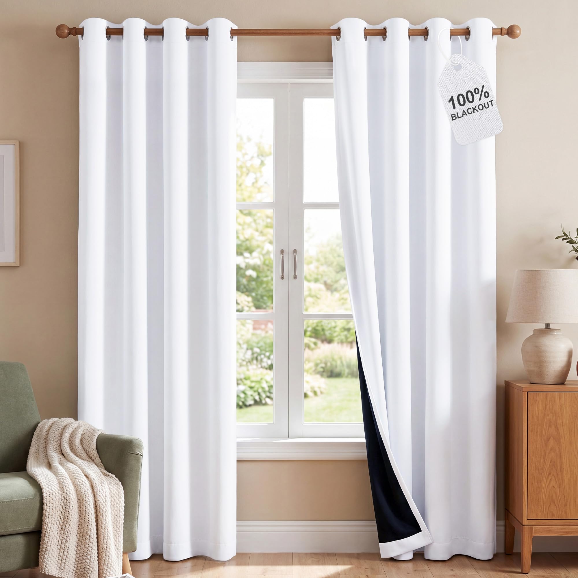 NICETOWN 100% Blackout Window Curtains, 52in x 84in, Pure White, 2 Pcs | Thermal