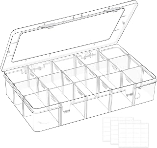 Mauproy 15 Grids Large Plastic Organizer Box with Adjustable Dividers | Small Tackle Boxes, Mini Bead Organizers with Hinged Lid and Labels, for Crafts, Jewelry, Small Items