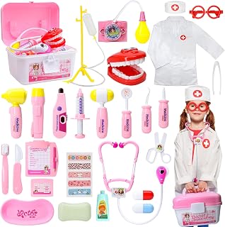 LOYO Doctor Kit Kids, Dentist Kit Pretend Play Set, Toys for Girls Age 3-6 | 37 Pcs Doctor Play Set with Costume, Teeth, Stethoscope, Toddler Toys Birthday Gifts for 2 3 4 5 6 Year Old Girls(Pink)