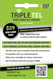 TripleTel SIM Card for Israel, 5G Speed Purchase Monthly Plan Separately Online For 30-Days or Long Term Phone Must be Unlocked