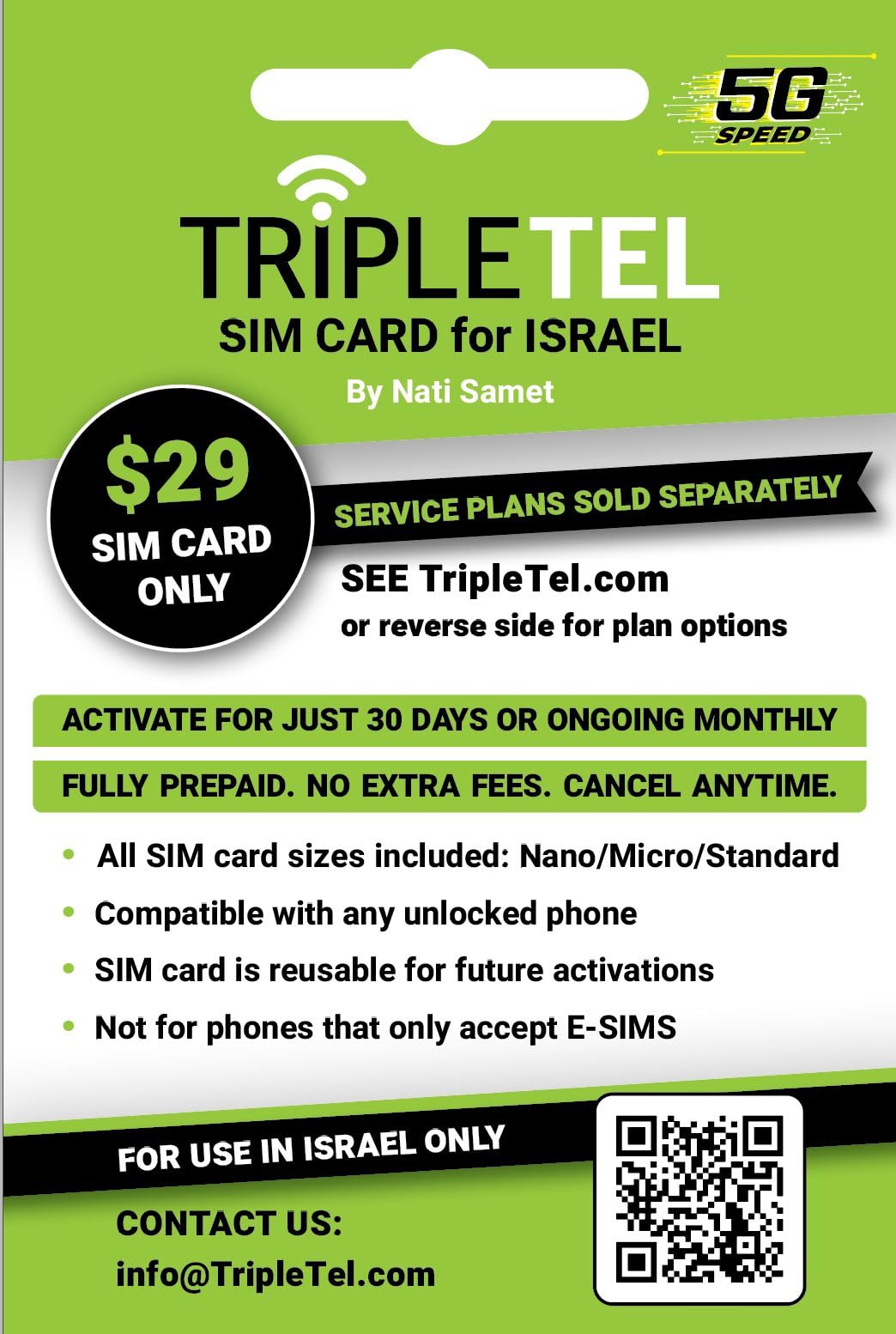 TripleTel SIM Card for Israel, 5G Speed Purchase Monthly Plan Separately Online 