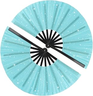 2 Pack Large Folding Glitter Line Dance Fans Rave Fans for Floor Boots, Concerts, Parties, Festivals, Home Decoration(Light Blue)