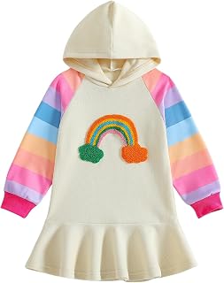 Girls Dresses Kids Long Sleeve Winter Dress for Toddler Embroidery Rainbow Hooded Dresses
