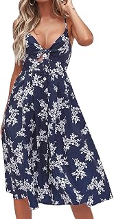 FANCYINN Womens Tie Front Button Down A-Line Dresses Summer Spaghetti Strap Midi Dress Floral Prints