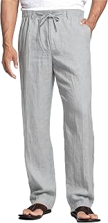 Cegerne Men's Linen Trousers, Long Lightweight Summer Trousers, Casual Trousers with Elastic Waistband, Zip and Drawstring, Pockets for Beach, Holiday, Everyday Use