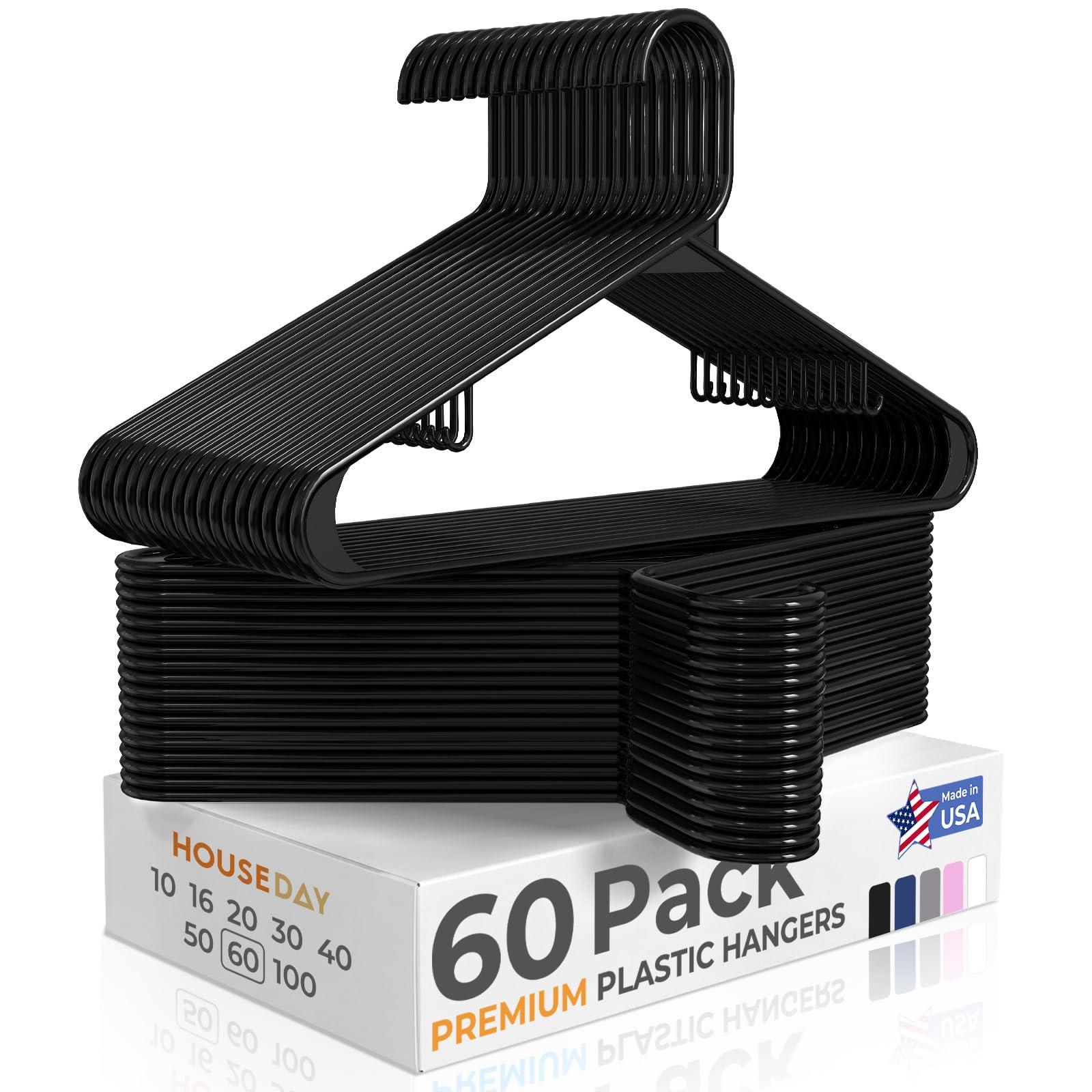 HOUSE DAY Black Plastic Hangers 60 Pack, Slim Space-Saving Clothes Hangers | Dur