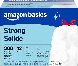 Amazon Basics Trash Bags, Tall Kitchen Drawstring, Unscented, 13 Gallon, 200 Count, Pack of 1, Packaging May Vary