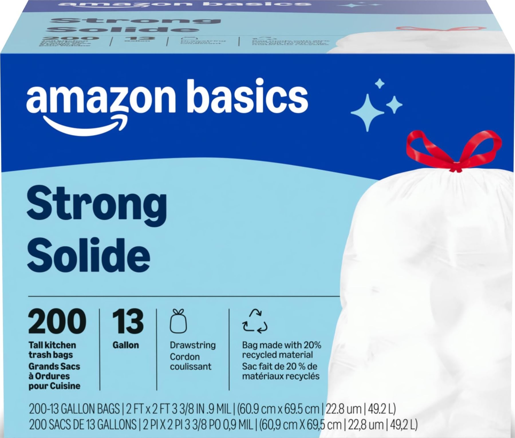 Amazon Basics Trash Bags, Tall Kitchen Drawstring, Unscented, 13 Gallon, 200 Cou