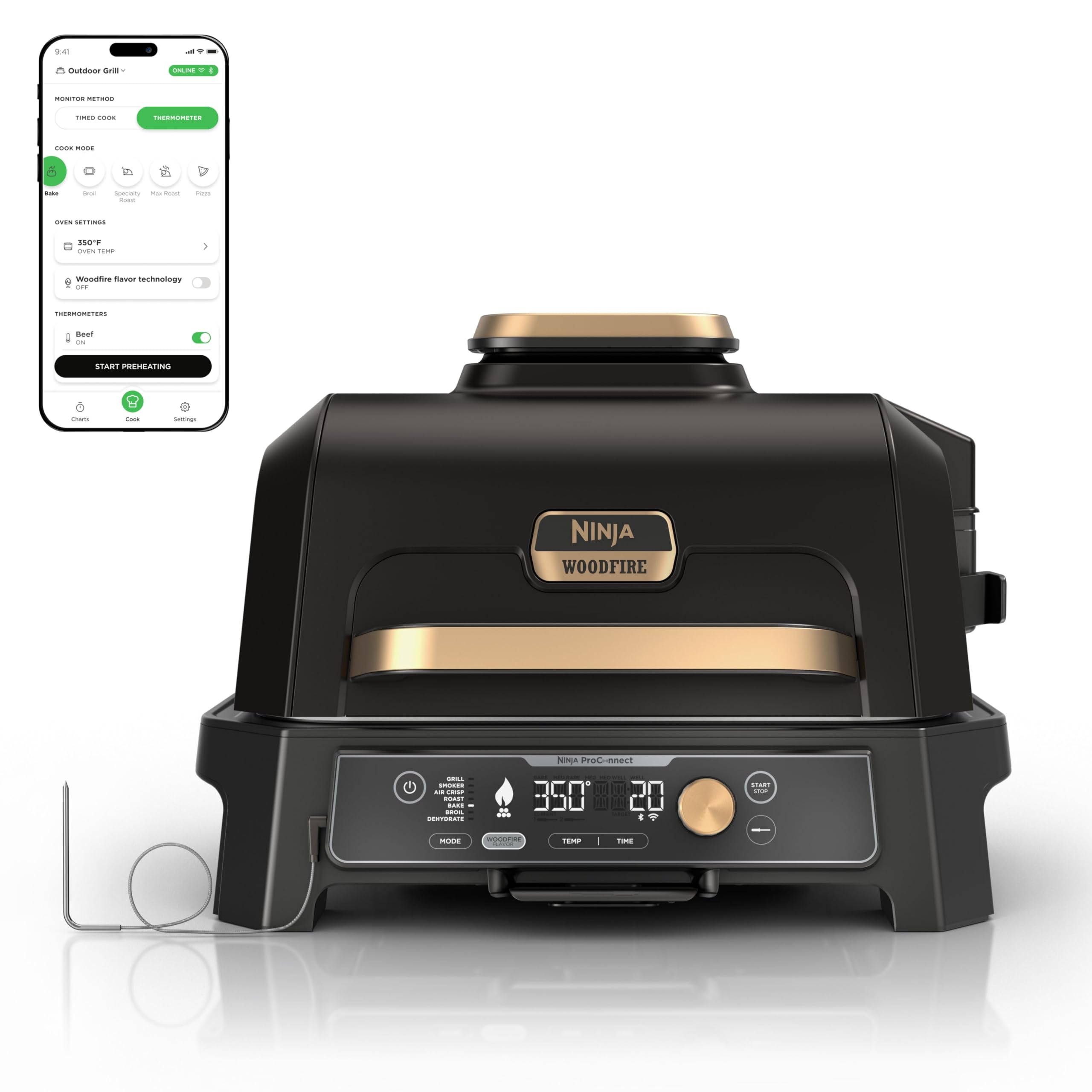 Ninja Woodfire ProConnect Premium XL Outdoor Grill & Smoker, Black & Gold | Ninj