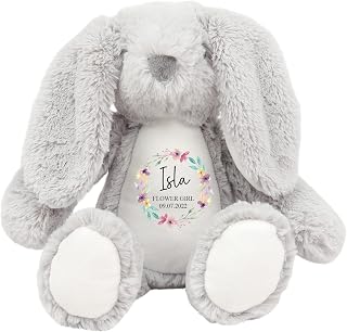 Personalised Flower Girl Bunny Soft Toy - Floral Wreath Name - Role And Date
