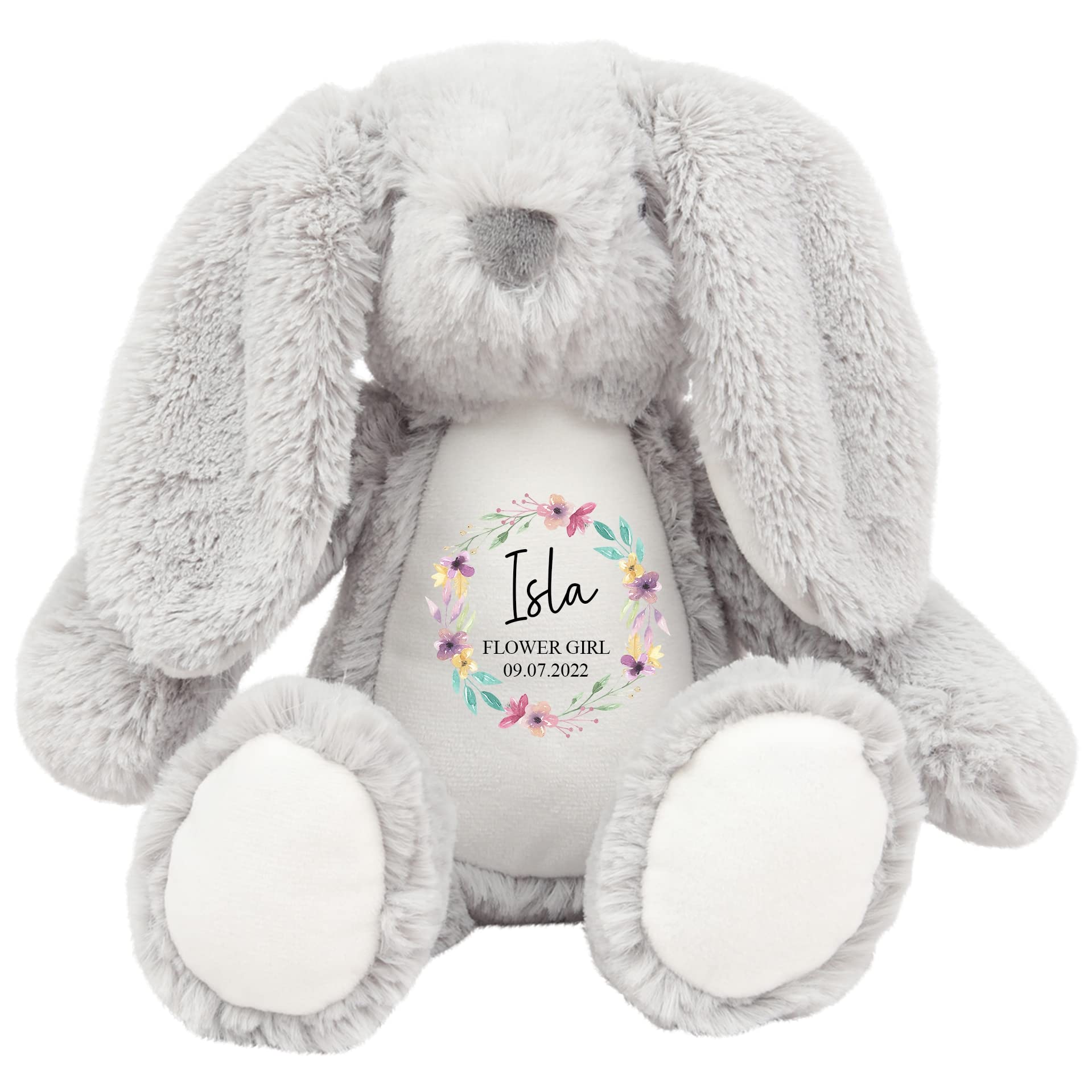 Personalised Flower Girl Bunny Soft Toy - Floral Wreath Name - Role And Date