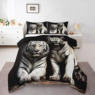 Erosebridal White Tiger Bedding Set Queen Size 3D Animal Print Bedding Set for Kids Boys Girls Teens Adults African Safari Quilted Bedding Set