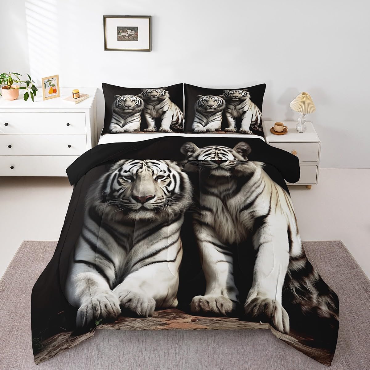 Erosebridal White Tiger Bedding Set Queen Size 3D Animal Print Bedding Set for K