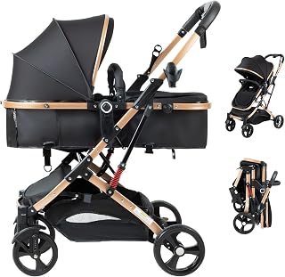 PEARLOVE 2 in 1 Baby Stroller Newborn Foldable Pushchair Folding High Landscape Infant Carriage,Toddler Pushchair Black Baby Stroller