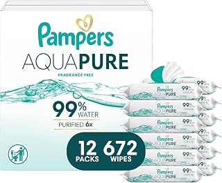 Pampers Aqua Pure Baby Wipes, Unscented, Fragrance Free, 99% Water, Water Based, Multi-Use, 672 Wipes Total (12X Flip-Top Packs)