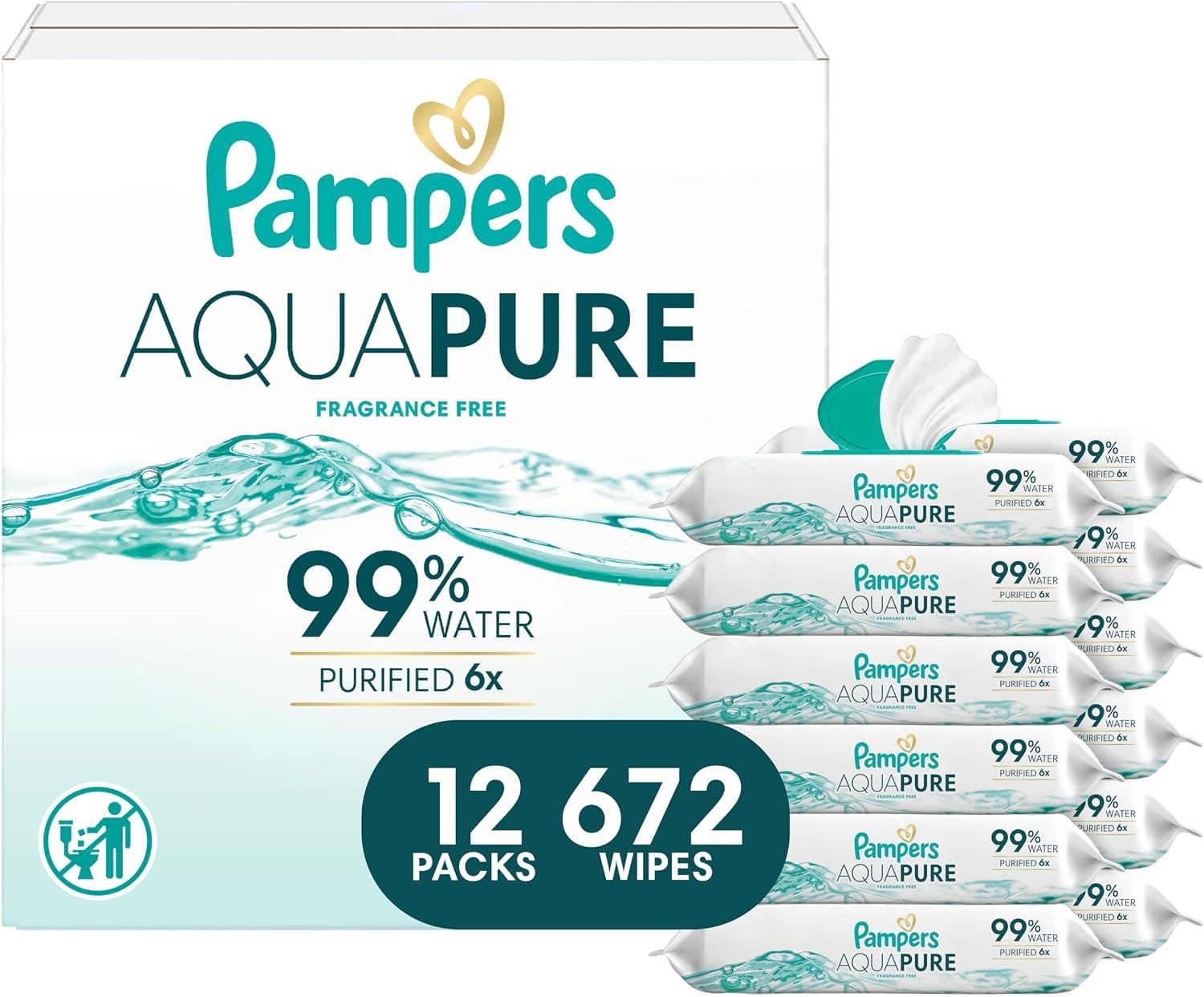 Pampers Aqua Pure Baby Wipes, Unscented, Fragrance Free, 99% Water, Water Based,