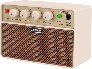 STRICH 2 x 5 W Mini Bass Amp - Portable, Rechargeable Bass Practice Amplifier with Clean & Drive Channels, 1/8 Headphone Output for Beginner, Brown