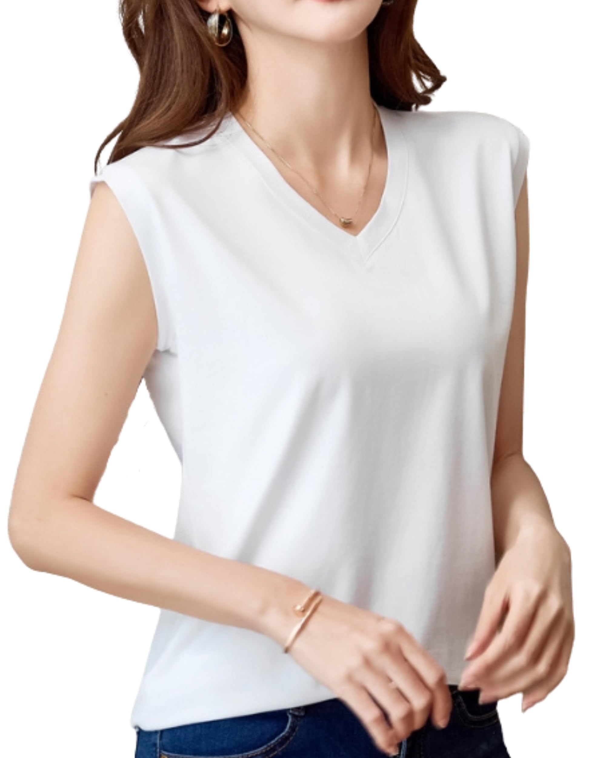 Fiorior 【Light and Comfortable Touch】 Sleeveless Women's T-Shirt V-Neck Solid Ta