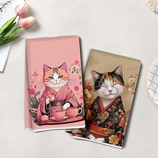 2 Pieces Cute Cat Art Kitchen Towels, Super Absorbent Japanese Hand Towels, Microfiber Dish Drying Towels, Honeycomb Tea Towels for Kitchen and