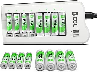 EBL AA AAA Battery Charger, 8 AA 2300mAh & 8 AAA 1100mAh NiMH, 2 USB Ports | 8-Bay AA AAA Individual Dual USB ports charge your phone while AA & AAA batteries power remotes, cameras, flashlights, toys