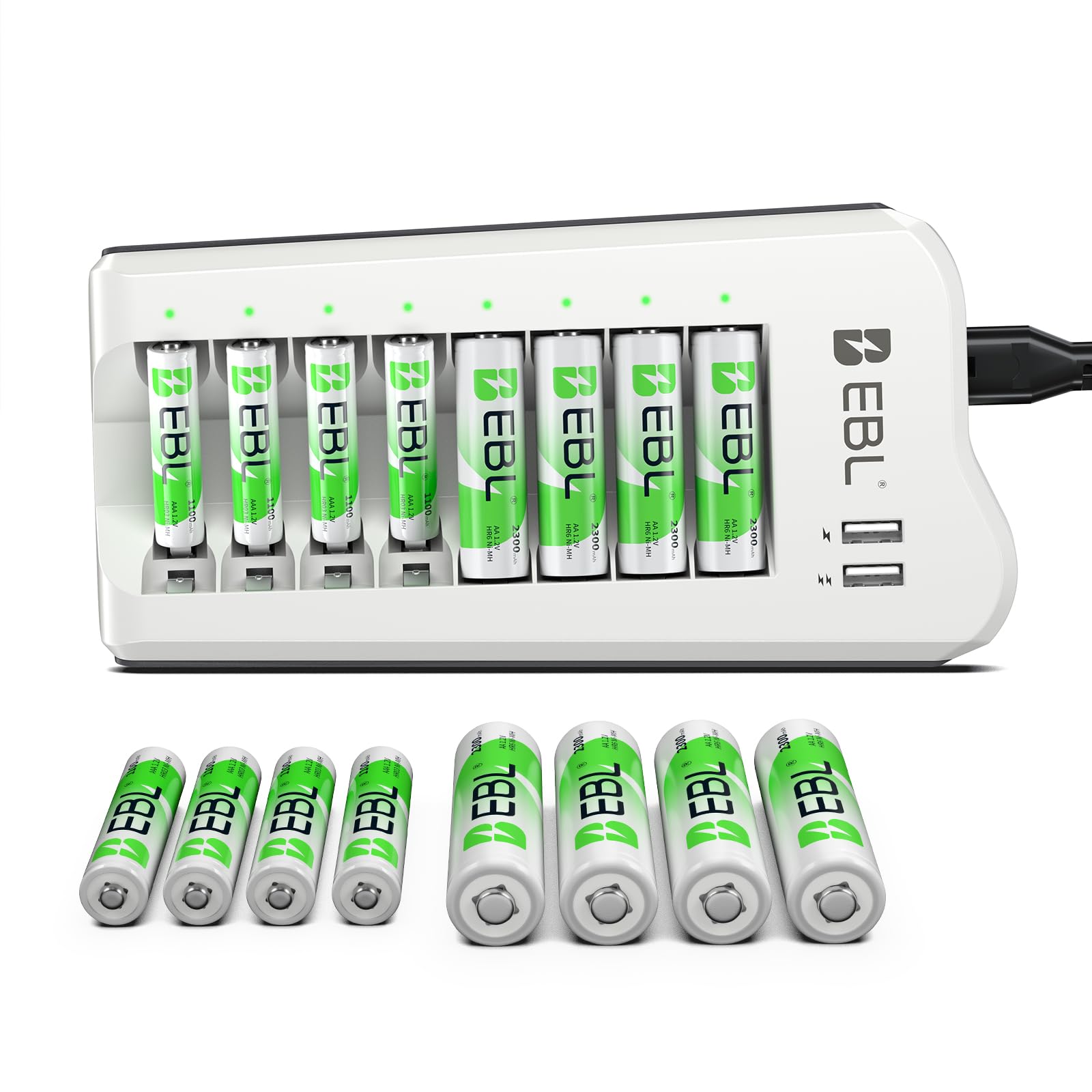 EBL AA AAA Battery Charger, 8 AA 2300mAh & 8 AAA 1100mAh NiMH, 2 USB Ports | 8-B