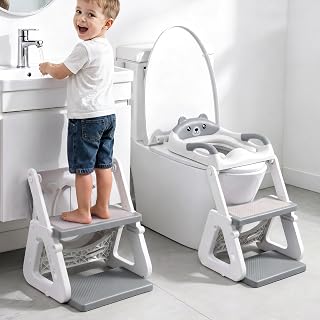 Potty Training Toilet Seat, Upgraded 2 in 1 with Stable Triangle Structure | Toddler Toilet Seat w/ Extended Pedal, Splash Guard, Soft Cushion, Adjustable Anti-Slip Lightweight, Easy to Use, Bear Grey