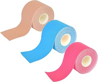 Sport Therapy Kinesiological Tape: Relieves Muscle Tensions and Tensions – 90% Cotton, Does Not Contain Latex – Medical Device Certified | 5 cm x 5 m (Natural – Fuchsia – Blue 3 Pieces)