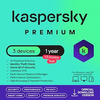 Kaspersky Premium 2026 | 3 Device | 1 Year +3 Months Free | AI Powered AV | Safe Browsing | Anti-Phishing | Unlimited VPN | Password Manager | Smart Home Monitor | Premium IT Support | PC/Mac/Mobile
