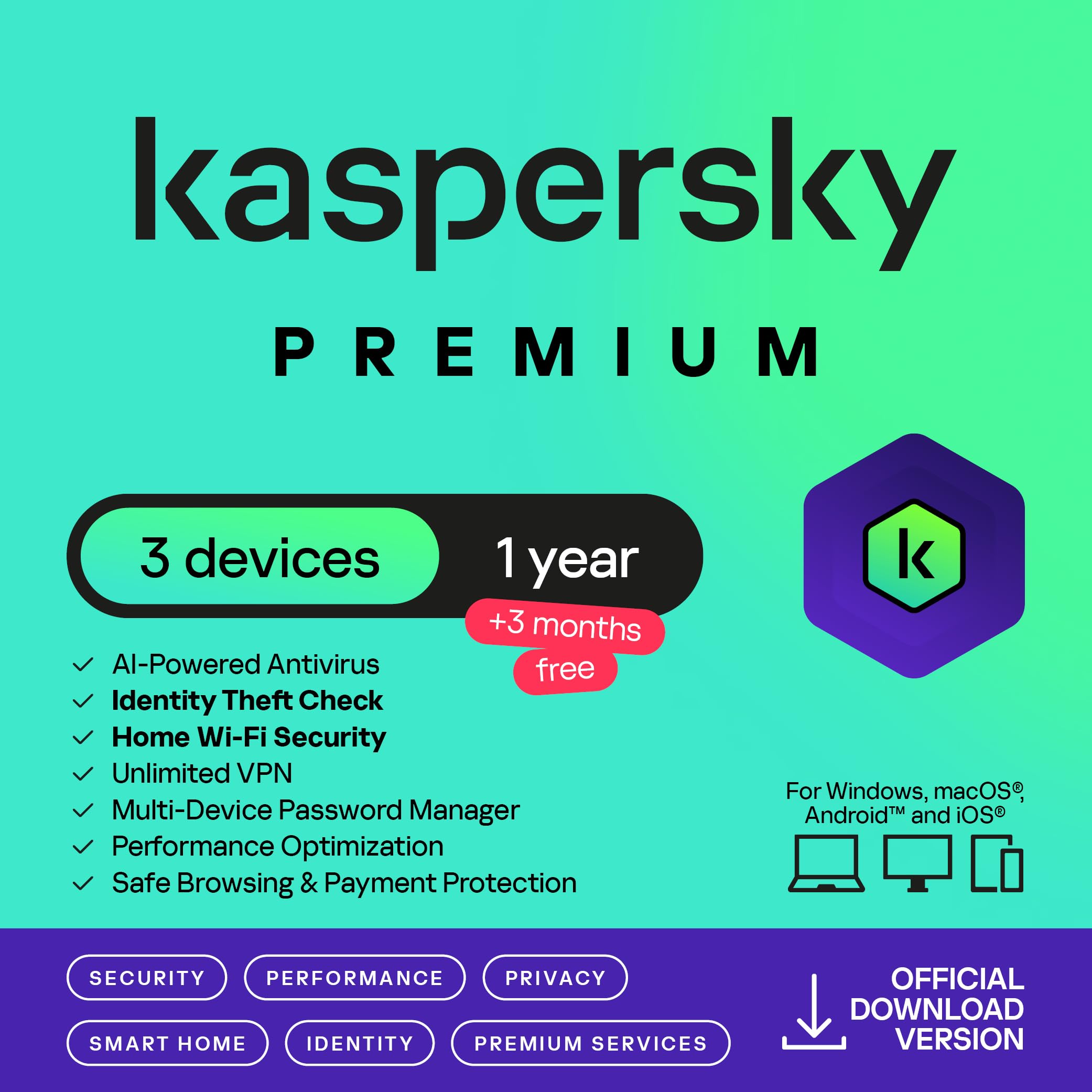 Kaspersky Premium 2026 | 3 Device | 1 Year +3 Months Free | AI Powered AV | Safe