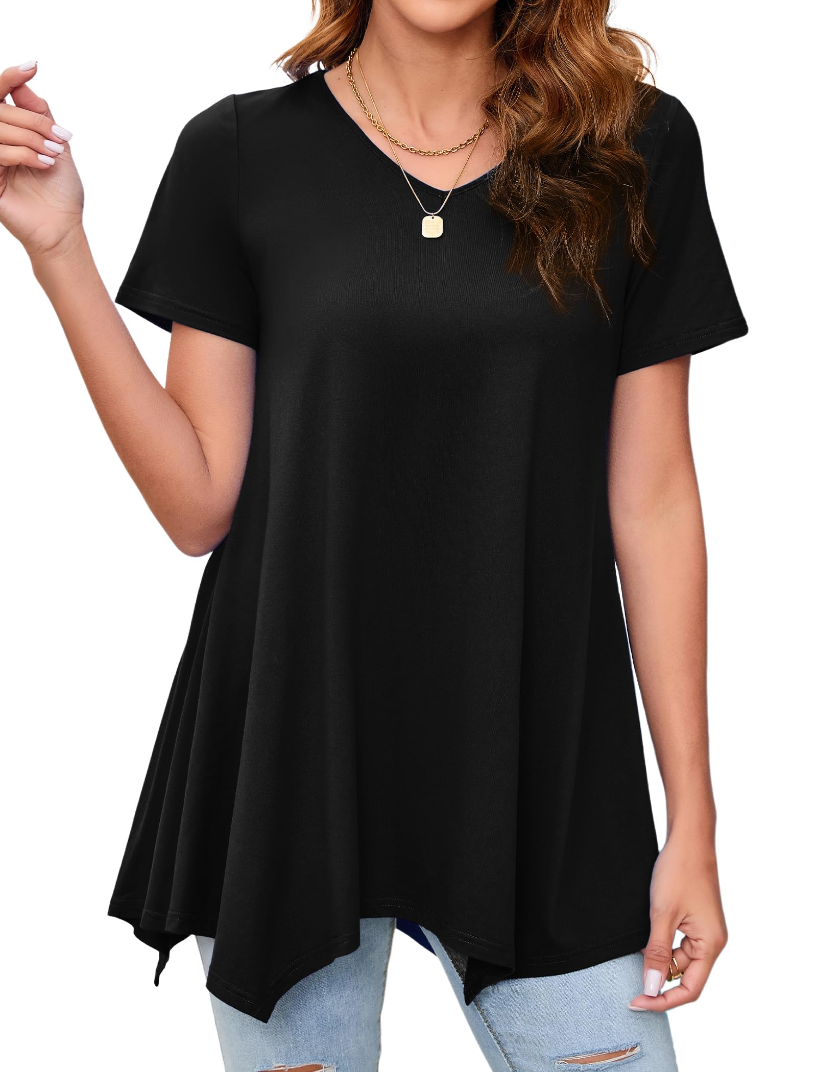 Enmain Women's Tunic Long Summer Plus Size Blouses V Neck Short Sleeve Blouse Ch