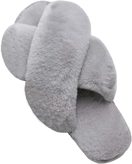 LZLER Women’s Cross Band Slippers, Soft Plush Fleece Lightweight Non Slip Open Toe Flip Flop Shoes House Indoor Outdoor Fur Fuzzy Slippers