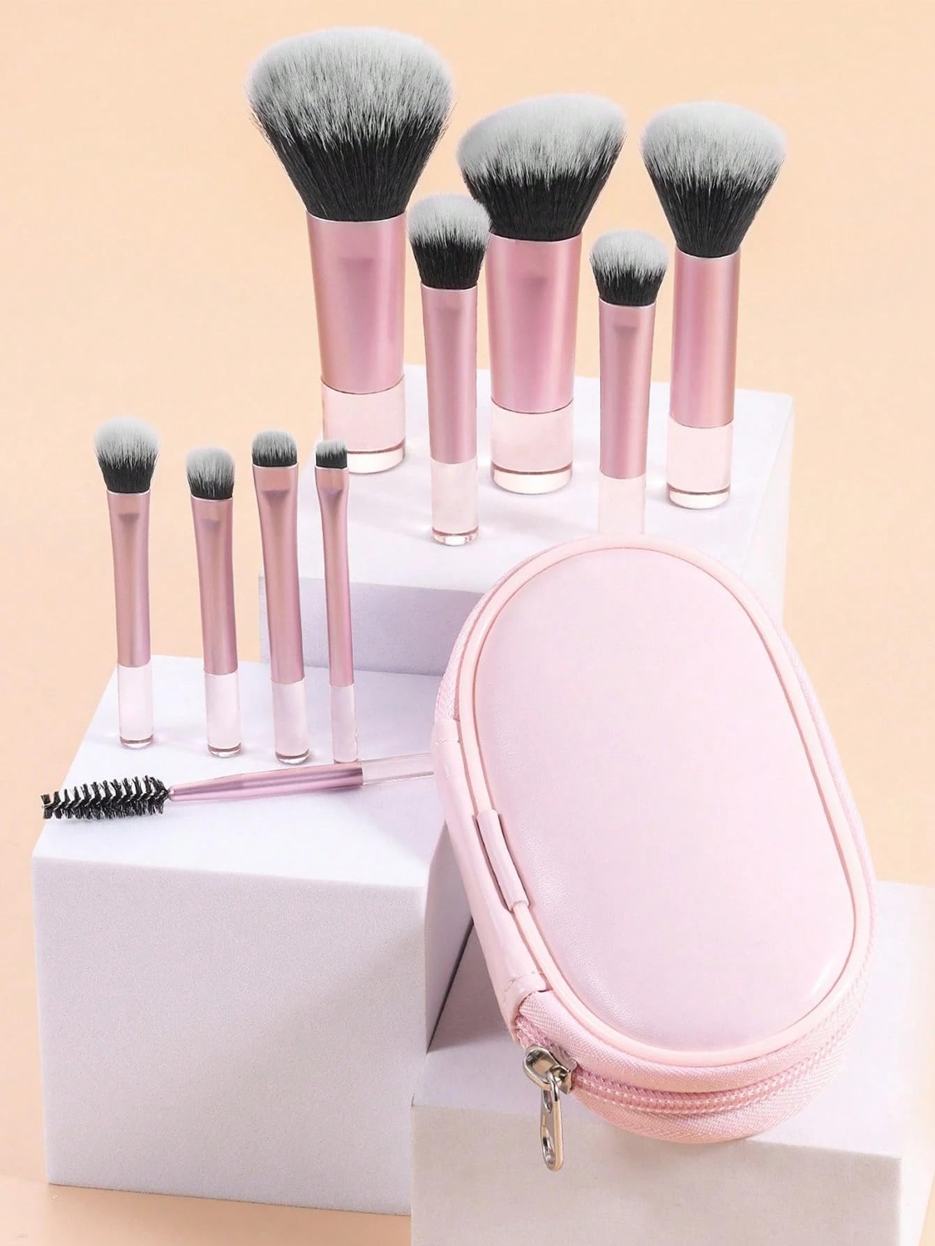 9 Pcs Mini Brown Makeup Brushes Set with Black Case Soft Foundation Blush Eyesha