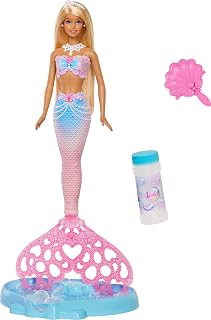 ​Barbie Bubble Sparkle Mermaid Doll including Color Streaked Hair | with Bubble-Making Feature & Solution, Tray & Hairbrush, Plus Long, Color-Streaked Blonde Hair, JLW56
