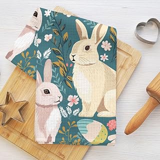 Cute Bunny Kitchen Towel, Floral Rabbit Dish Towel for Kitchen, Bunny Gift High Absorbent Hand Towel Tea Towel, 16 x 25 Inch Drying Towel Housewarming Gift for Women Girls