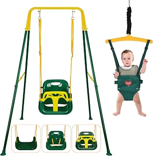 4 in 1 Toddler Swing Set & Baby Jumper, Heavy Duty Kids Swing with Bouncer | Baby Swing Set for Backyard, Foldable Metal Stand for Indoor & Outdoor, Easy Install & Store