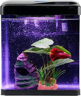 Betta Fish Tank Self Cleaning Glass 2 Gallon Small Nano Aquarium Starter Kits Desktop Room Decor w/LED Light Decorations & Whisper Filters Water Pump (Fish Tank)
