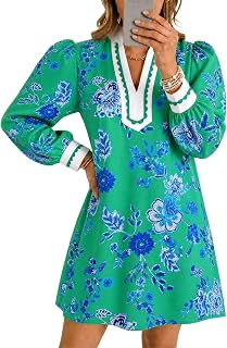 Wenrine Womens Mini Dress Casual Floral Puff Sleeve V Neck Color Block Loose Boho Beach Dresses with Pockets