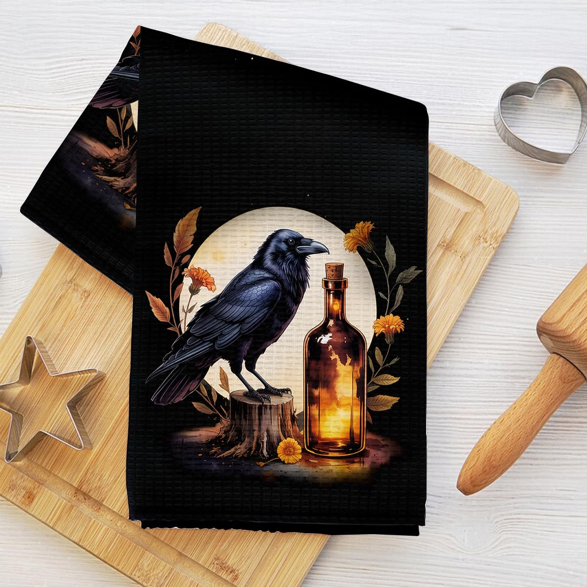 Halloween Decor Black Raven Kitchen Towels 24x14 Inch, Gothic Design Autumn Hand