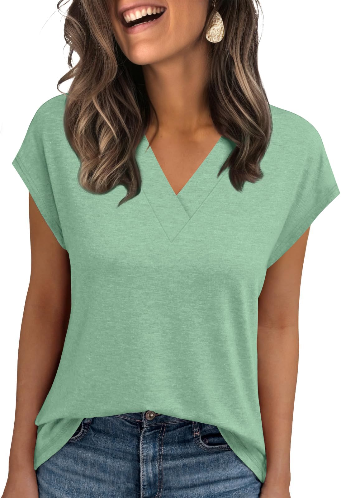 Womens Summer Tops Casual Spring V Neck T Shirts Cap Sleeve Basic Trendy Blouses